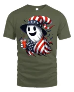 Patriotic Ghost Halloween T-Shirt USA Flag Style - military green t-shirt on white background