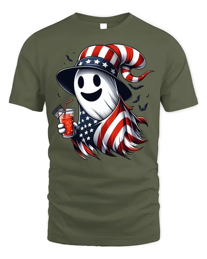 Patriotic Ghost Halloween T-Shirt USA Flag Style - military green t-shirt on white background