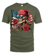 Skull Bandana T-Shirt with Roses and USA Flag - military green t-shirt on white background