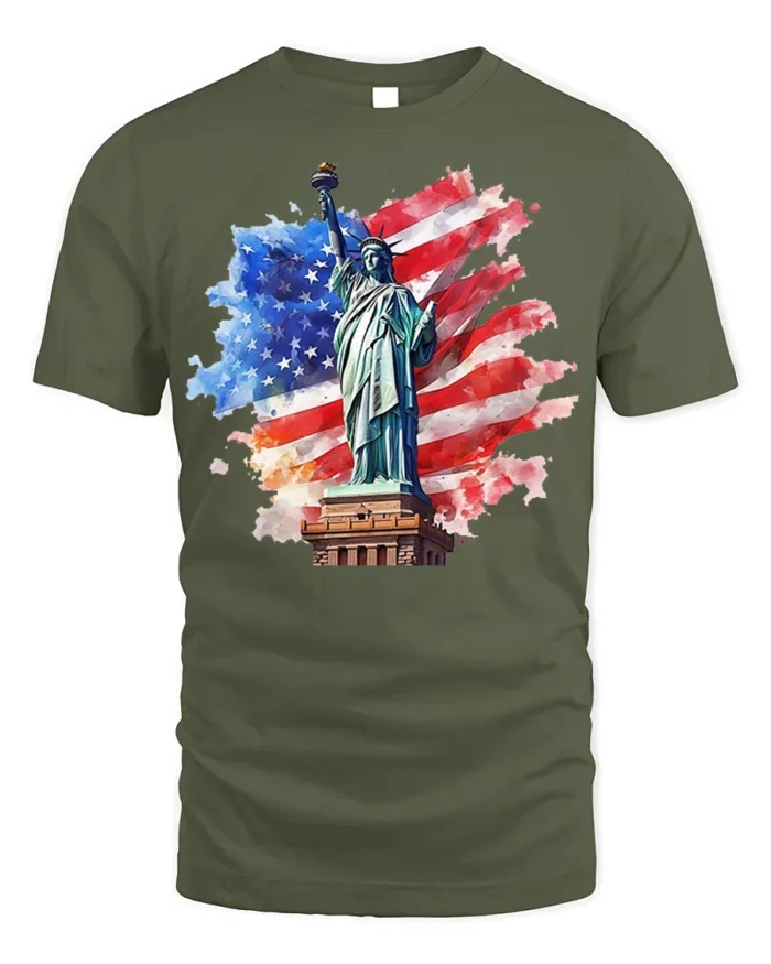 Statue of Liberty USA Flag Patriotic T-Shirt - military green t-shirt on white background