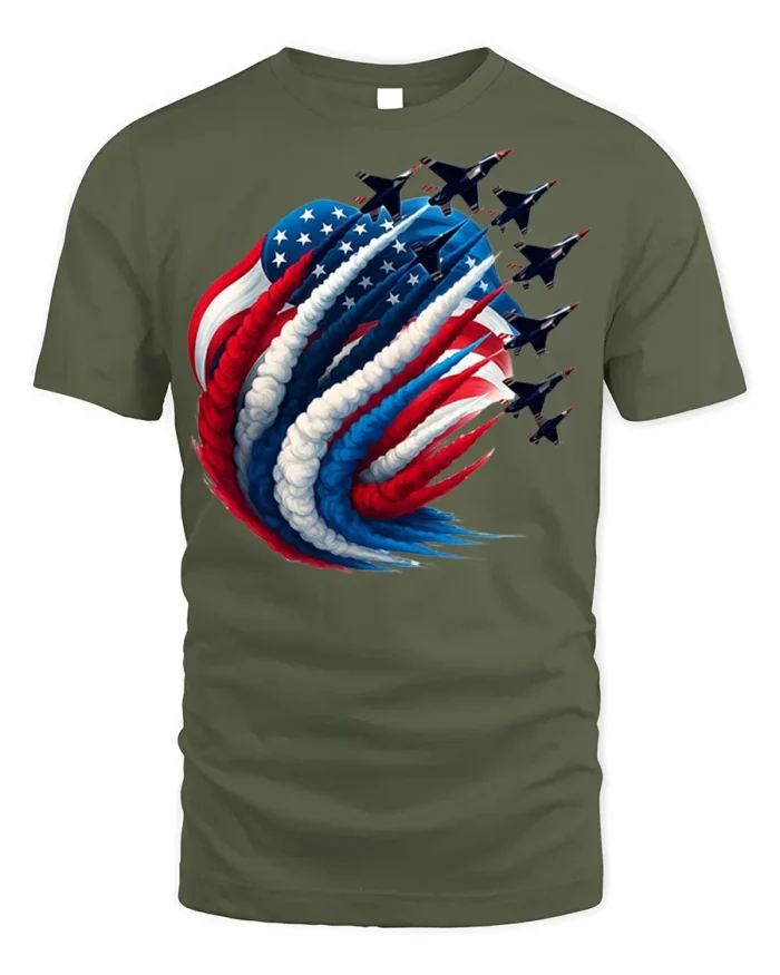Patriotic Jet Flyover American Flag T-Shirt - military green t-shirt on white background