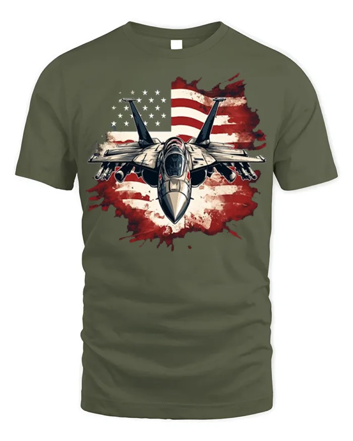 US Air Force Fighter Jet American Flag T-Shirt - military green t-shirt on white background