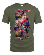 Urban Graffiti Cityscape Cutout T-Shirt - military green t-shirt on white background
