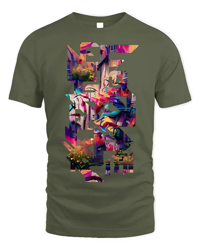 Urban Graffiti Cityscape Cutout T-Shirt - military green t-shirt on white background