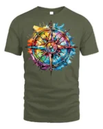 Colorful Compass Rose Splatter Art T-Shirt - military green t-shirt on white background