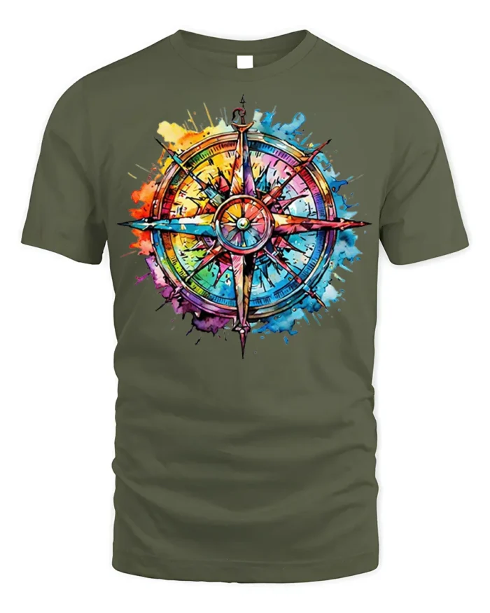 Colorful Compass Rose Splatter Art T-Shirt - military green t-shirt on white background