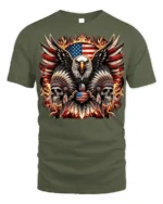 Patriotic Eagle Skull Fire Feathers T-Shirt - military green t-shirt on white background