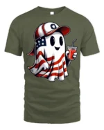 Patriotic Ghost Soda USA Flag T-Shirt - military green t-shirt on white background