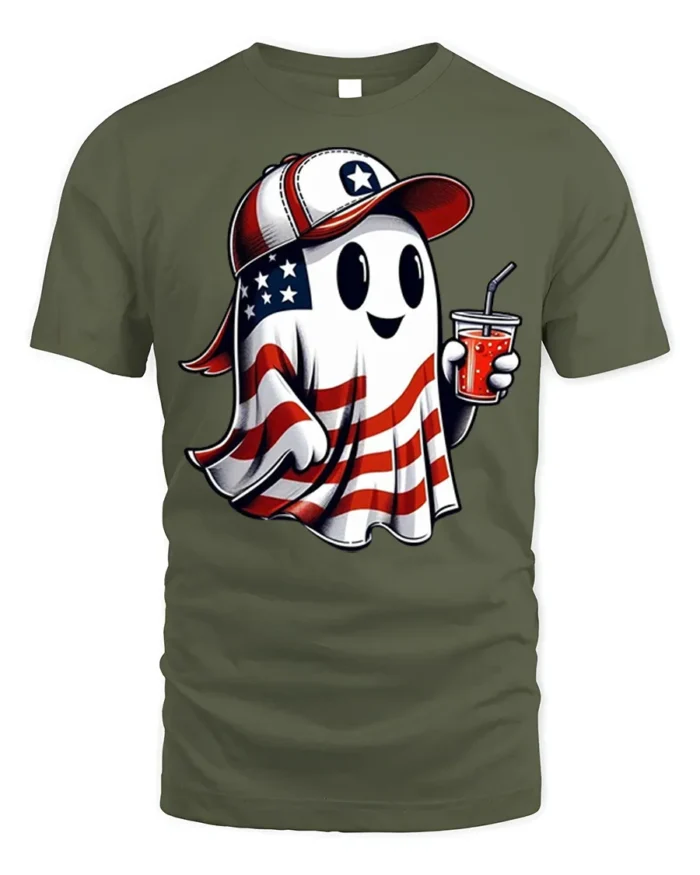 Patriotic Ghost Soda USA Flag T-Shirt - military green t-shirt on white background