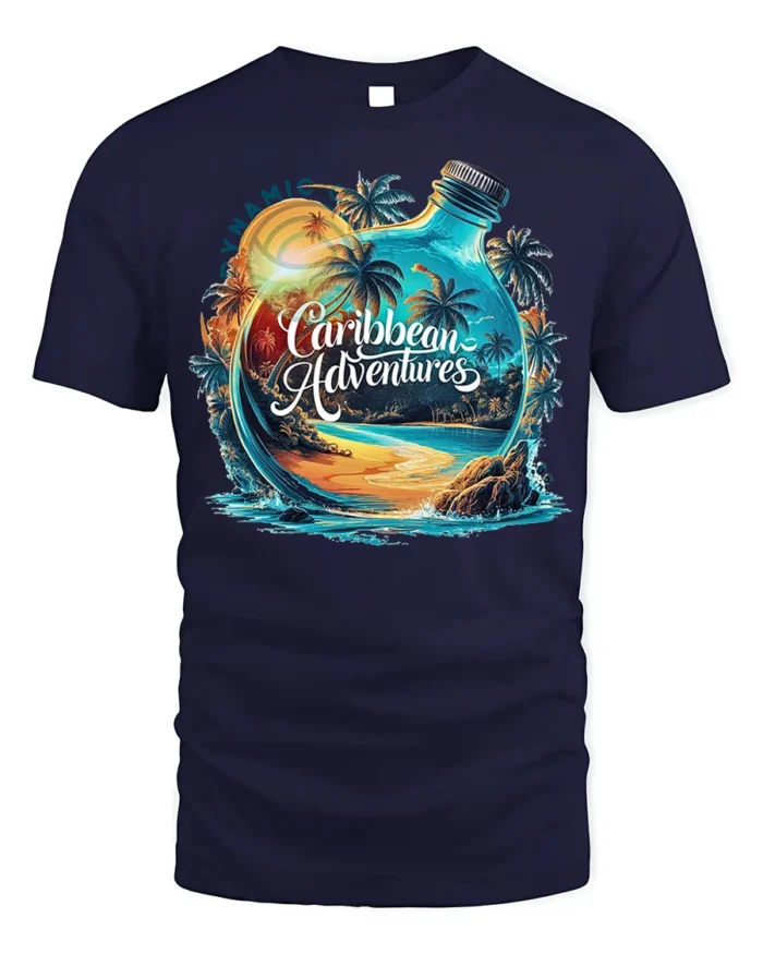 Caribbean Adventures Beach Bottle T-Shirt - navy t-shirt on white background