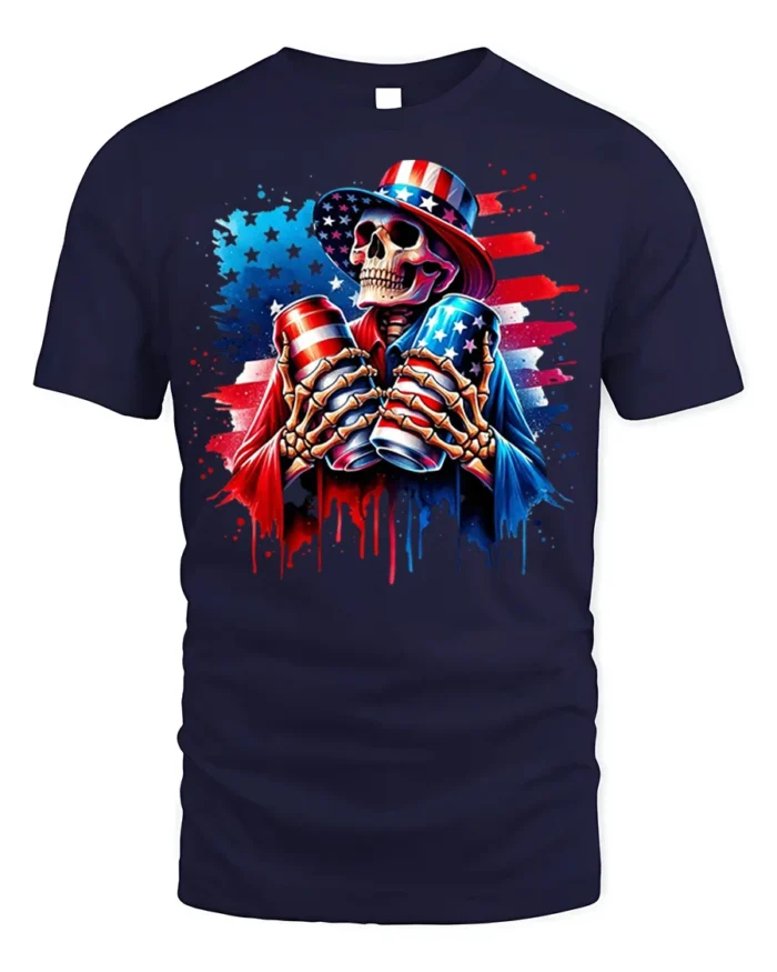 Patriotic Skull Beer Cans 4th of July T-Shirt - navy t-shirt on white background