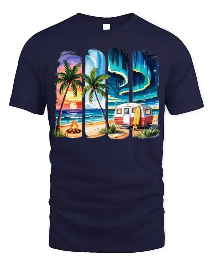 Beach Camper Sunset Aurora Chill T-Shirt - navy t-shirt on white background