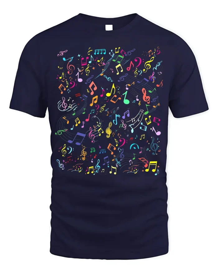 Colorful Music Notes Pattern Graphic T-Shirt - navy t-shirt on white background
