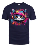 Graffiti DJ Cat Headphones Street Art T-Shirt - navy t-shirt on white background