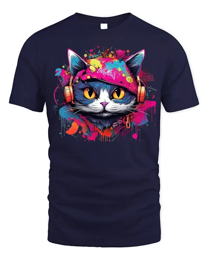 Graffiti DJ Cat Headphones Street Art T-Shirt - navy t-shirt on white background