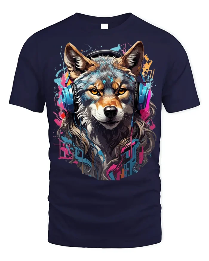 DJ Wolf Headphones Urban Style T-Shirt - navy t-shirt on white background