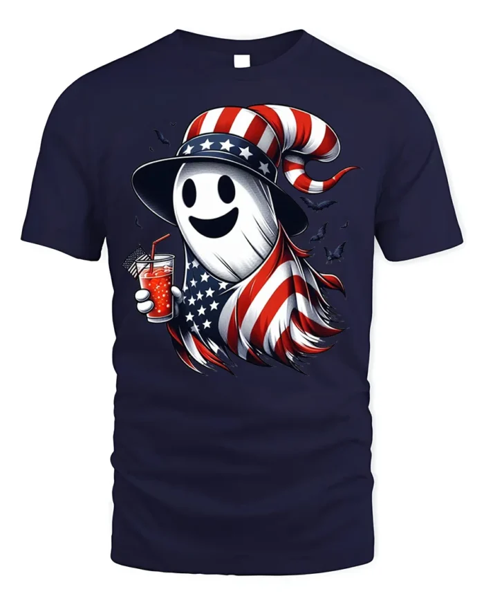 Patriotic Ghost Halloween T-Shirt USA Flag Style - navy t-shirt on white background