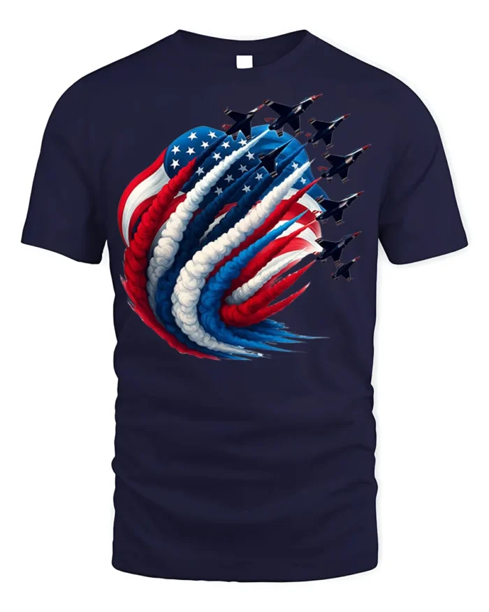 Patriotic Jet Flyover American Flag T-Shirt - navy t-shirt on white background