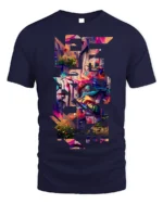 Urban Graffiti Cityscape Cutout T-Shirt - navy t-shirt on white background