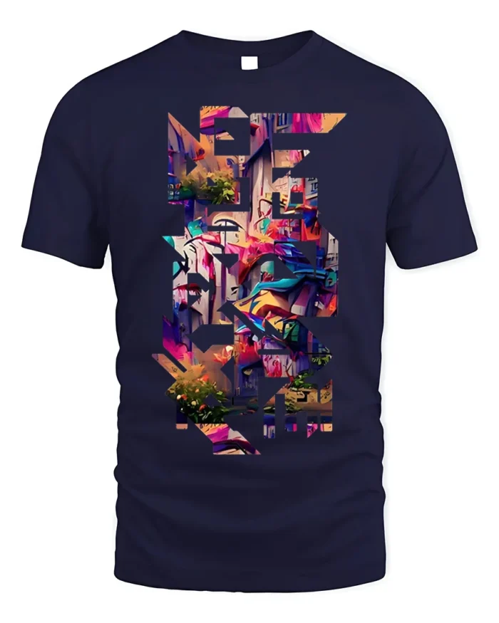 Urban Graffiti Cityscape Cutout T-Shirt - navy t-shirt on white background
