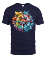 Colorful Compass Rose Splatter Art T-Shirt - navy t-shirt on white background