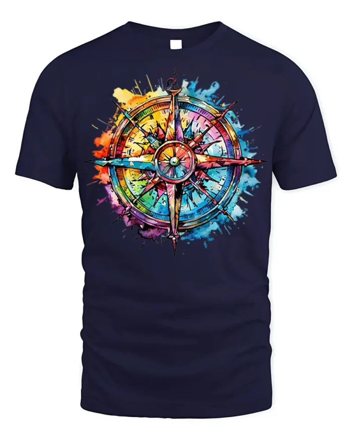 Colorful Compass Rose Splatter Art T-Shirt - navy t-shirt on white background
