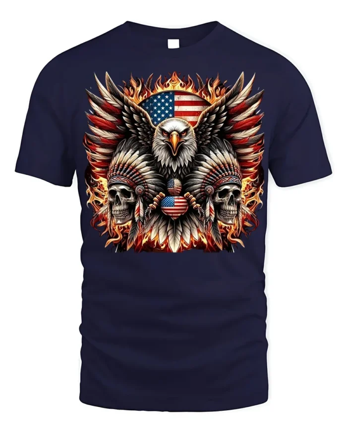 Patriotic Eagle Skull Fire Feathers T-Shirt - navy t-shirt on white background