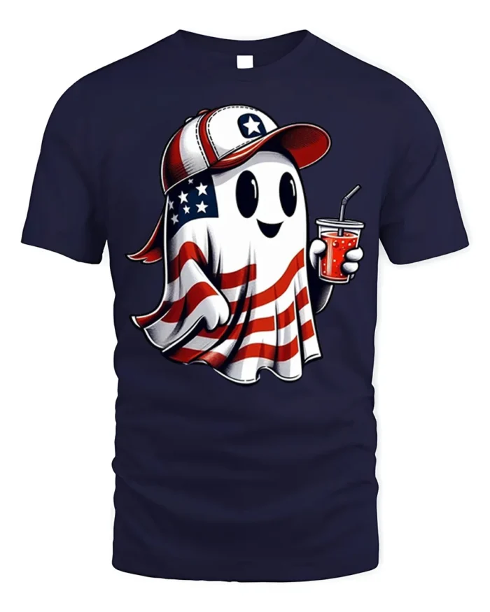 Patriotic Ghost Soda USA Flag T-Shirt - navy t-shirt on white background