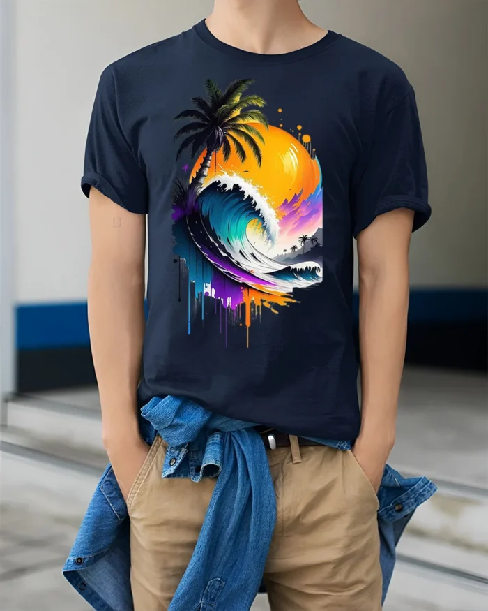 Tropical Wave Sunset Palm Art T-Shirt - model wearing navy shirt, hands in pockets