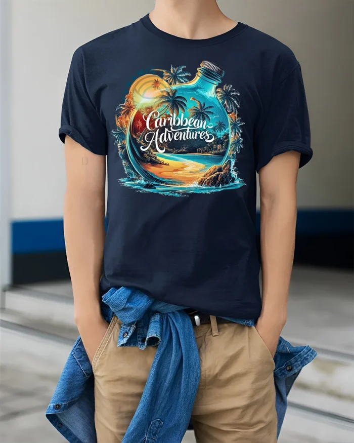 Caribbean Adventures Beach Bottle T-Shirt - model wearing navy shirt, hands in pockets
