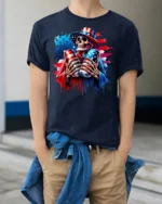 Patriotic Skull Beer Cans 4th of July T-Shirt - model wearing navy shirt, hands in pockets