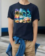Beach Camper Sunset Aurora Chill T-Shirt - model wearing navy shirt, hands in pockets