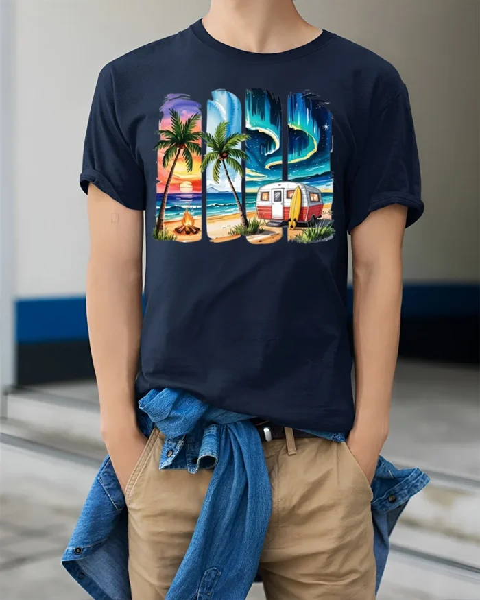 Beach Camper Sunset Aurora Chill T-Shirt - model wearing navy shirt, hands in pockets