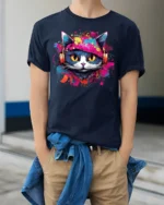 Graffiti DJ Cat Headphones Street Art T-Shirt - model wearing navy shirt, hands in pockets