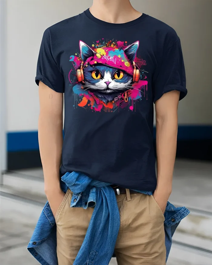 Graffiti DJ Cat Headphones Street Art T-Shirt - model wearing navy shirt, hands in pockets