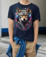 DJ Wolf Headphones Urban Style T-Shirt - model wearing navy shirt, hands in pockets