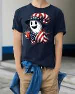 Patriotic Ghost Halloween T-Shirt USA Flag Style - model wearing navy shirt, hands in pockets