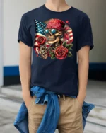 Skull Bandana T-Shirt with Roses and USA Flag - model wearing navy shirt, hands in pockets