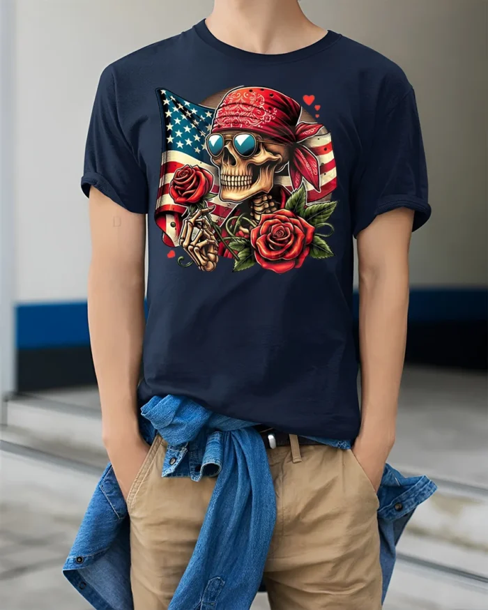 Skull Bandana T-Shirt with Roses and USA Flag - model wearing navy shirt, hands in pockets