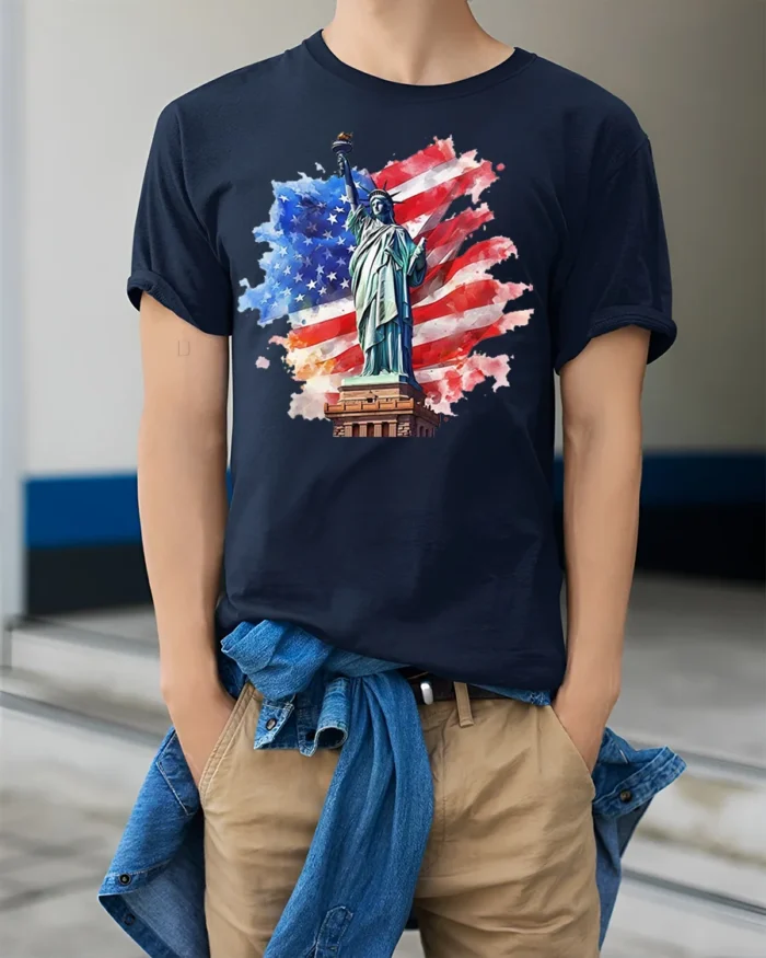 Statue of Liberty USA Flag Patriotic T-Shirt - model wearing navy shirt, hands in pockets