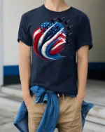 Patriotic Jet Flyover American Flag T-Shirt - model wearing navy shirt, hands in pockets
