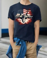 US Air Force Fighter Jet American Flag T-Shirt - model wearing navy shirt, hands in pockets