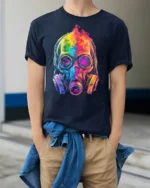 Psychedelic Gas Mask Skull Art T-Shirt - model wearing navy shirt, hands in pockets
