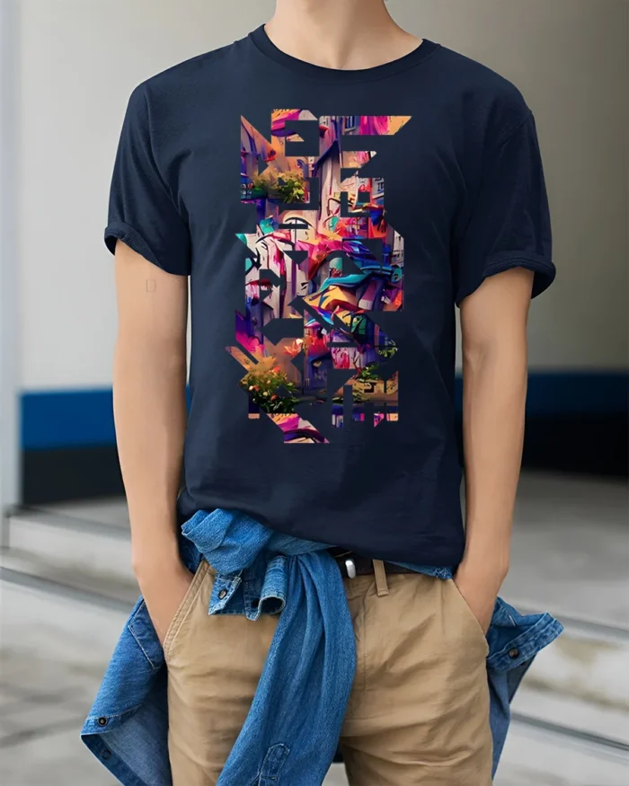 Urban Graffiti Cityscape Cutout T-Shirt - model wearing navy shirt, hands in pockets