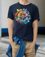 Colorful Compass Rose Splatter Art T-Shirt - model wearing navy shirt, hands in pockets