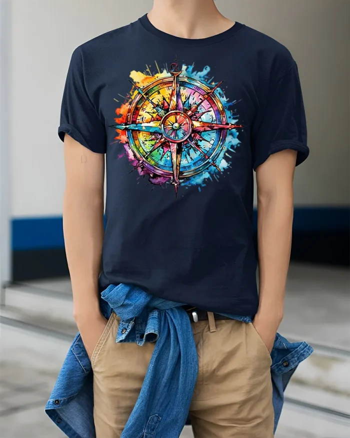 Colorful Compass Rose Splatter Art T-Shirt - model wearing navy shirt, hands in pockets