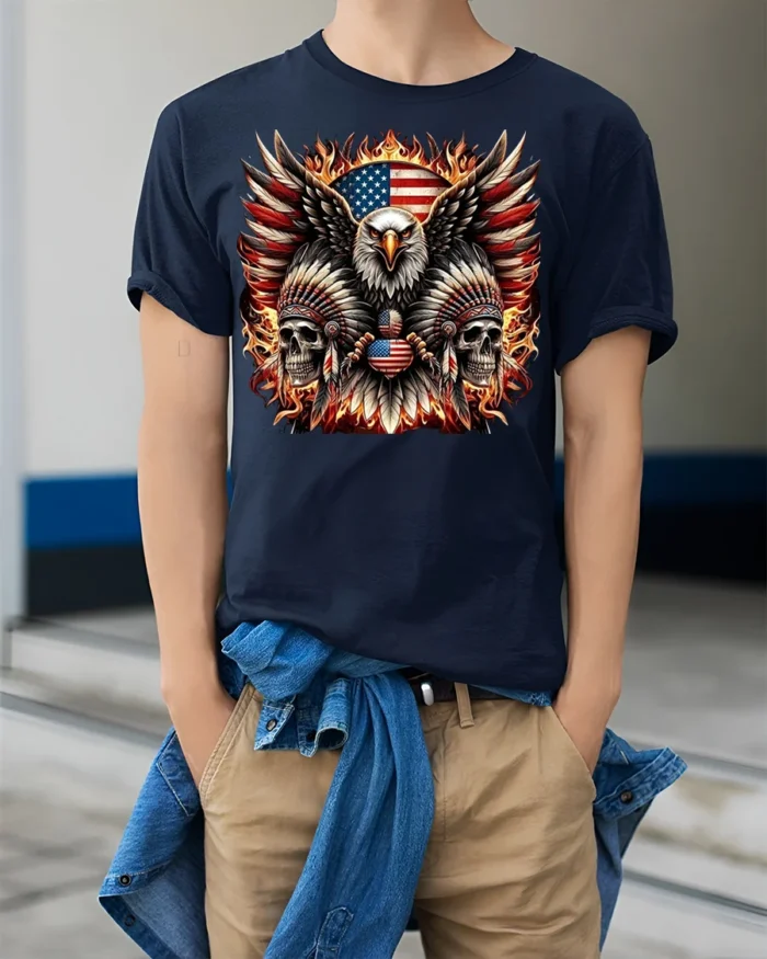 Patriotic Eagle Skull Fire Feathers T-Shirt - model wearing navy shirt, hands in pockets