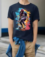 Street Skateboard Splash Art T-Shirt - model wearing navy shirt, hands in pockets