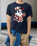 Patriotic Ghost Soda USA Flag T-Shirt - model wearing navy shirt, hands in pockets