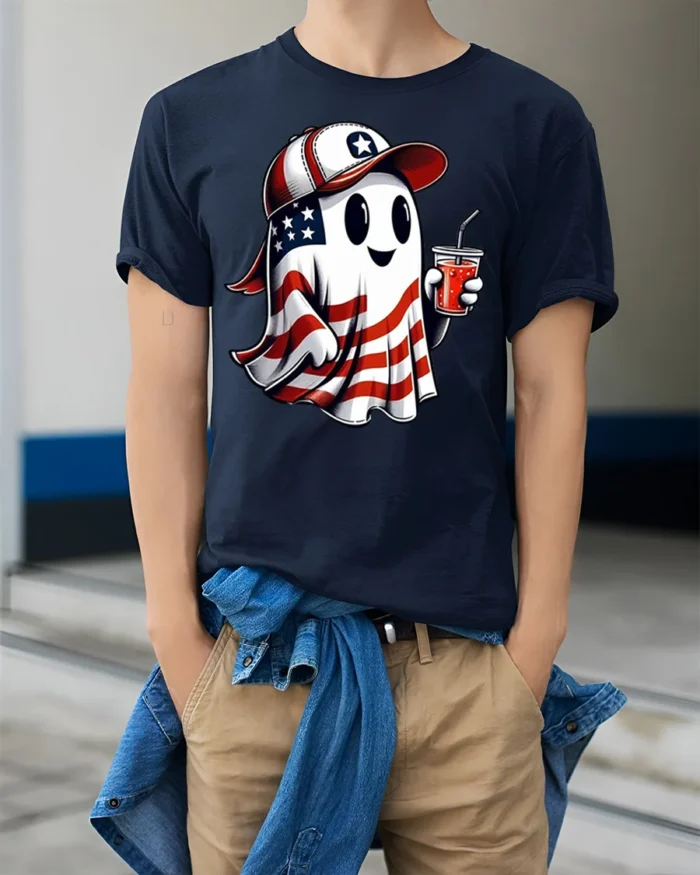 Patriotic Ghost Soda USA Flag T-Shirt - model wearing navy shirt, hands in pockets